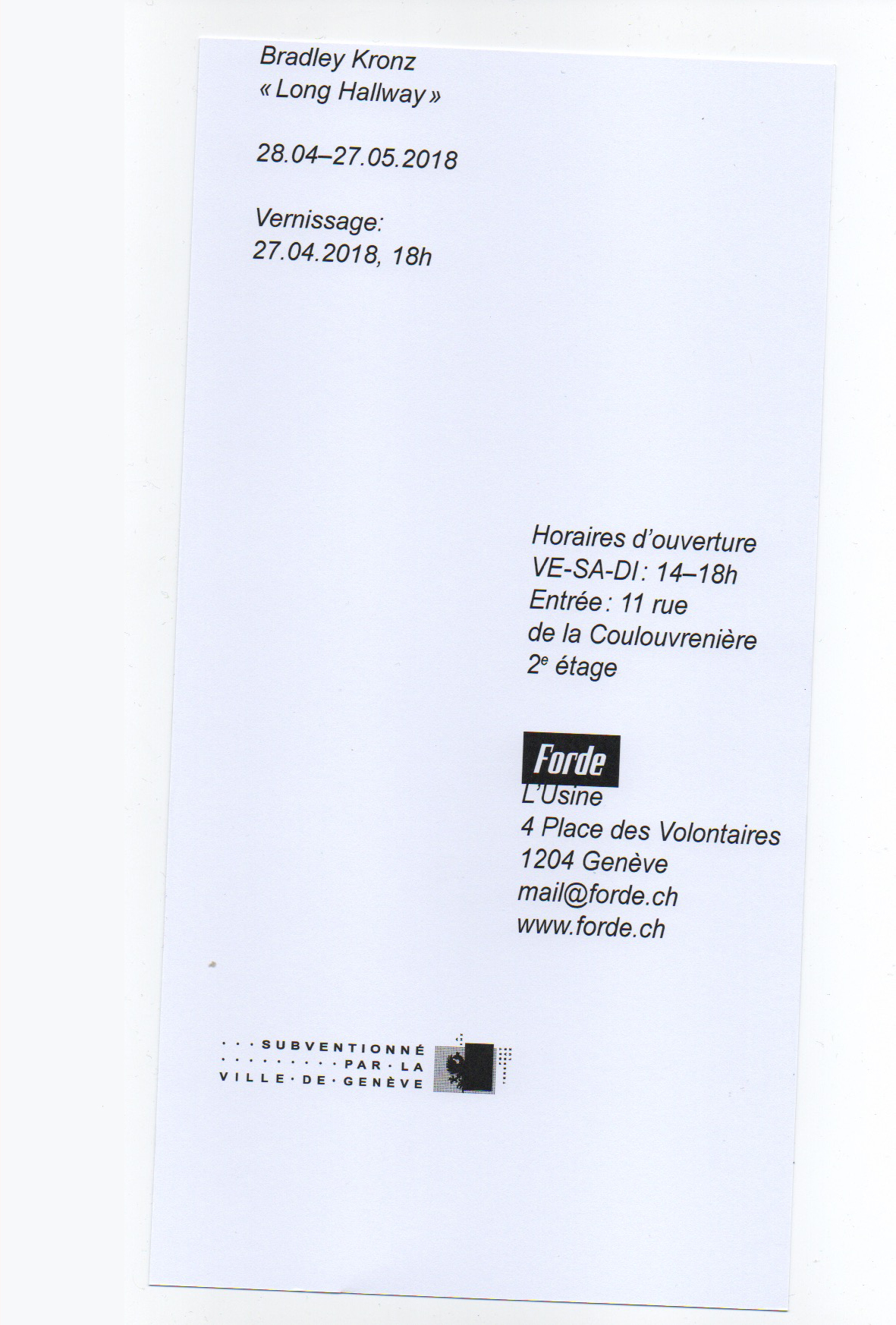 forde - flyer - Bradley Kronz – Long Hallway